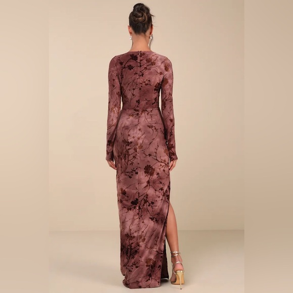 Lulu’s Dynamic Sensation Dark Mauve Floral Velvet Burnout Maxi Dress - Picture 2 of 9